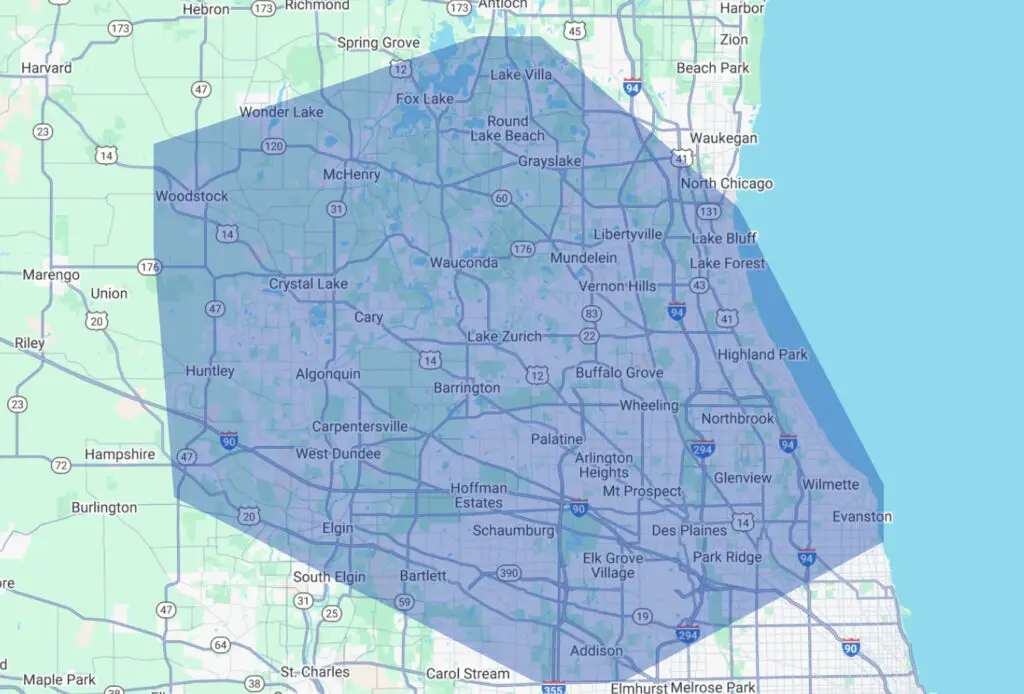 Areas We Serve Map - Four Elements Service Heating & Cooling