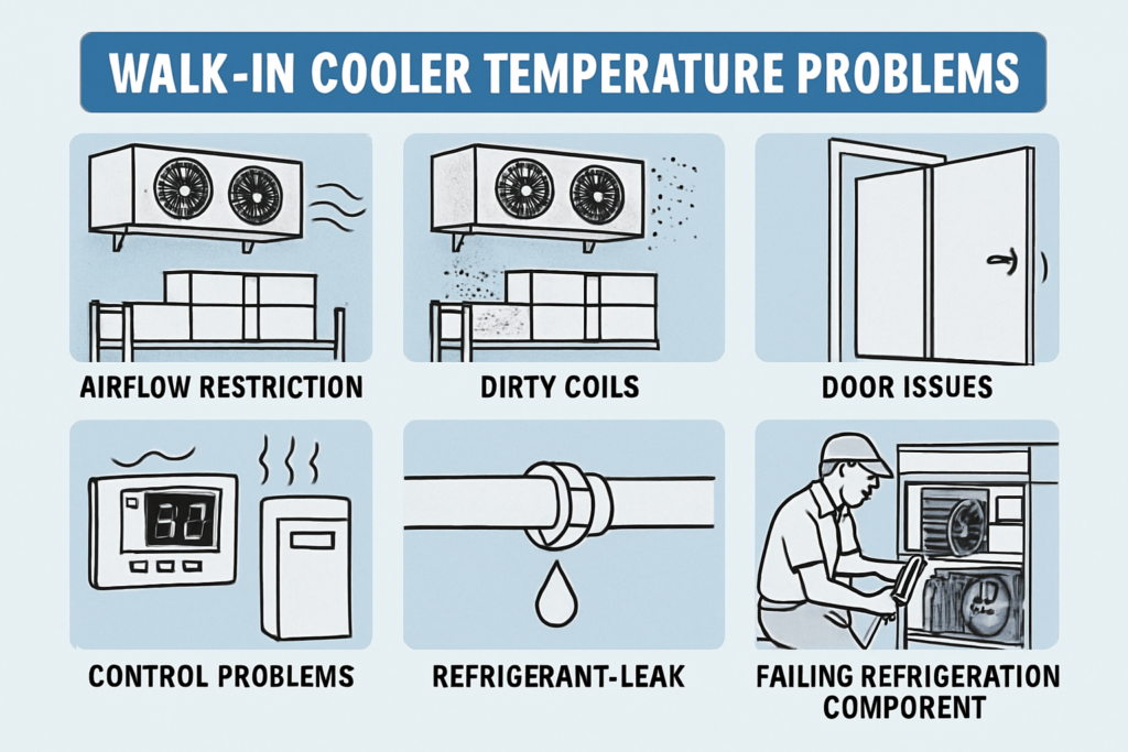 Infographic listing walk-in cooler problems: airflow restriction, dirty coils, door issues, control problems, refrigerant leak, and failing refrigeration component.