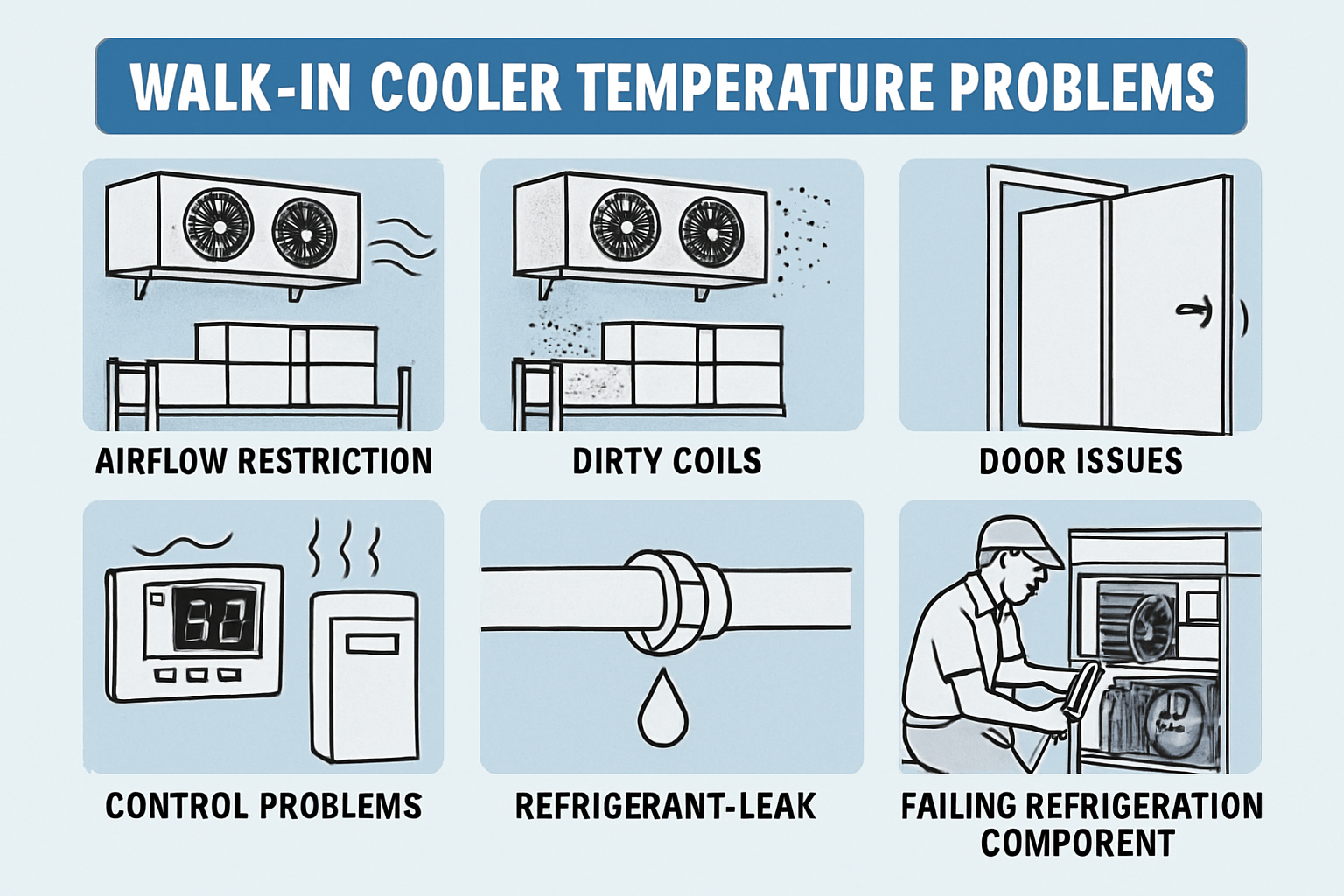 Infographic listing walk-in cooler problems: airflow restriction, dirty coils, door issues, control problems, refrigerant leak, and failing refrigeration component.